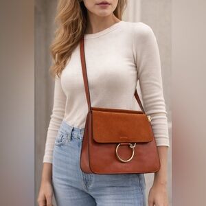 Huada Cognac Leather & Suede Ring Detail Crossbody Satchel | Gold Hardware NWOT